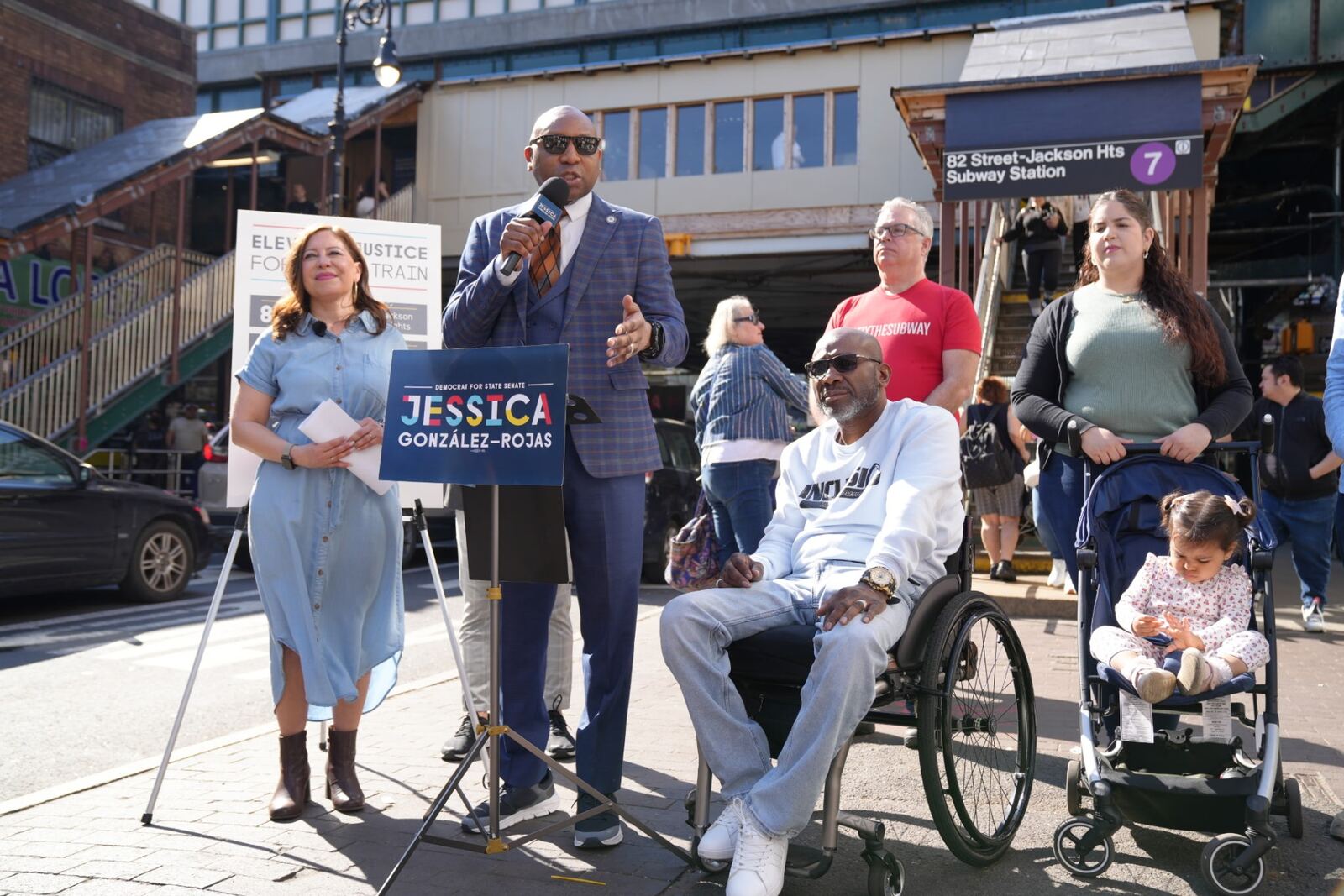 Edward Funches speaking at Jessica González-Rojas State Senate rally at 82nd Street–Jackson Heights